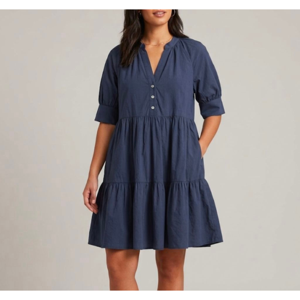 Ottod'ame Essence Navy Blue Tiered Cotton Poplin Mini Dress - Made In Italy - L